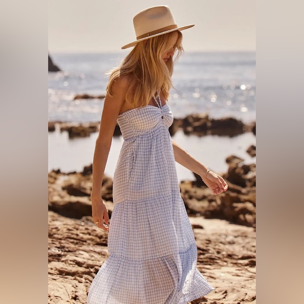 Saltwater LUXE Camden Strapless/Halter Blue Checkered Gingham Maxi Dress